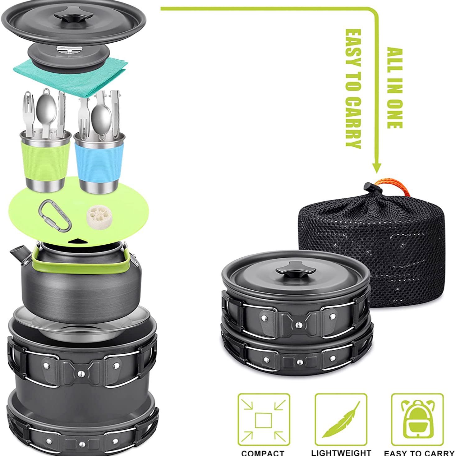 Camping Cooking Gear Set - Outdoor Camping Cook Set with Kettle,