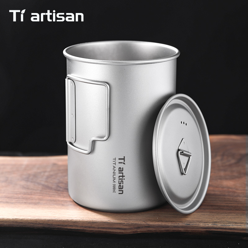 Camping Cooking Pot Large - Tiartisan 750ml/ 900ml Titanium Foldable Handle